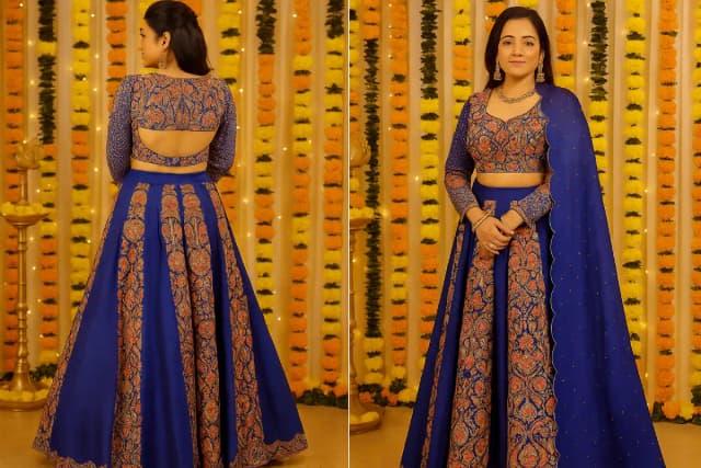 A woman wearing a richly designed Patola outfit in vibrant colours, showcasing detailed motifs and traditional double ikat weaving, set against a festive backdrop.