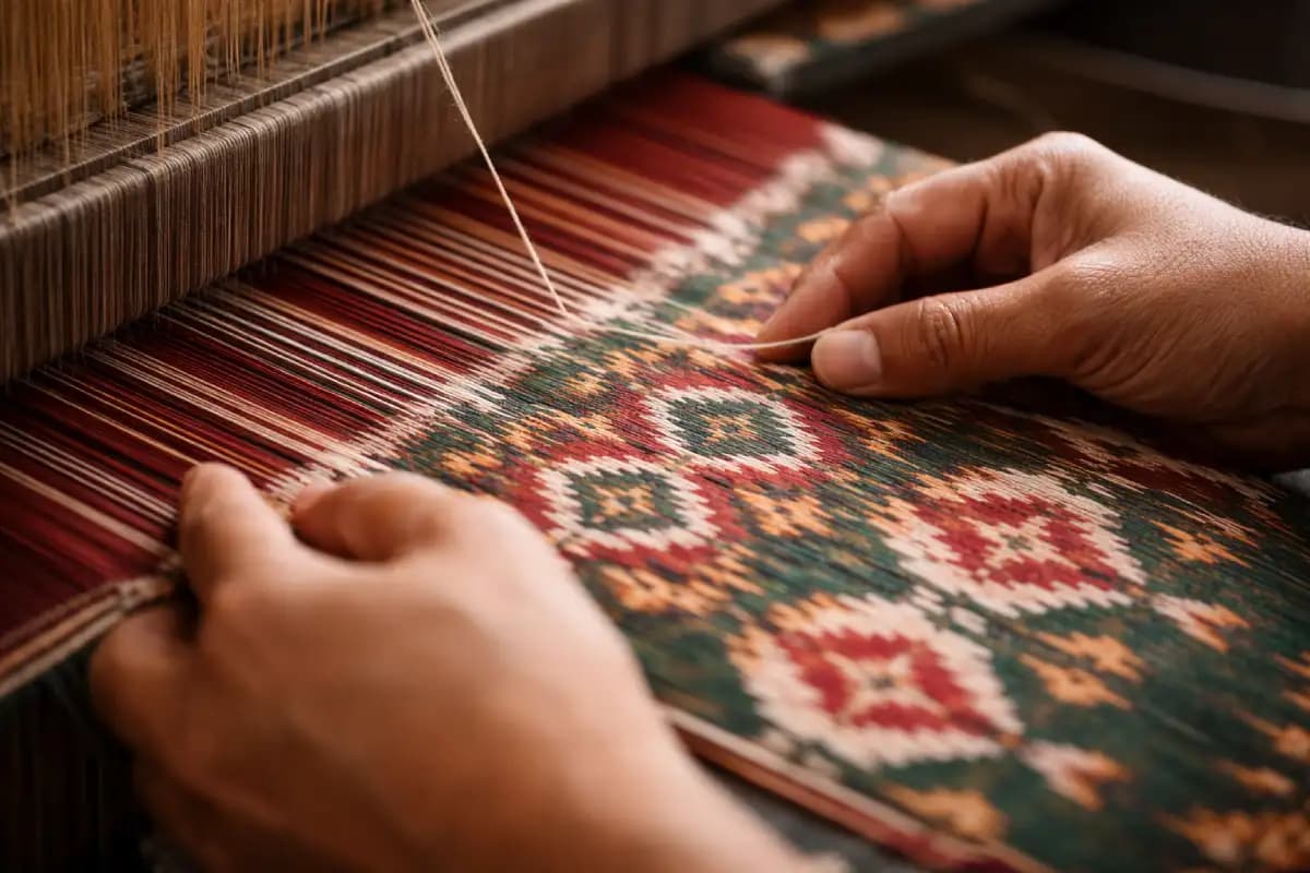 A detailed close-up of authentic Patola fabric showcasing fine double ikat weaving in red and gold with geometric floral motifs.