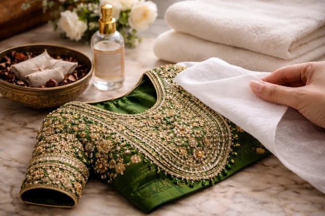 A handwoven Patola outfit elegantly folded in muslin cloth, showcasing vibrant double ikat patterns and fine silk craftsmanship.