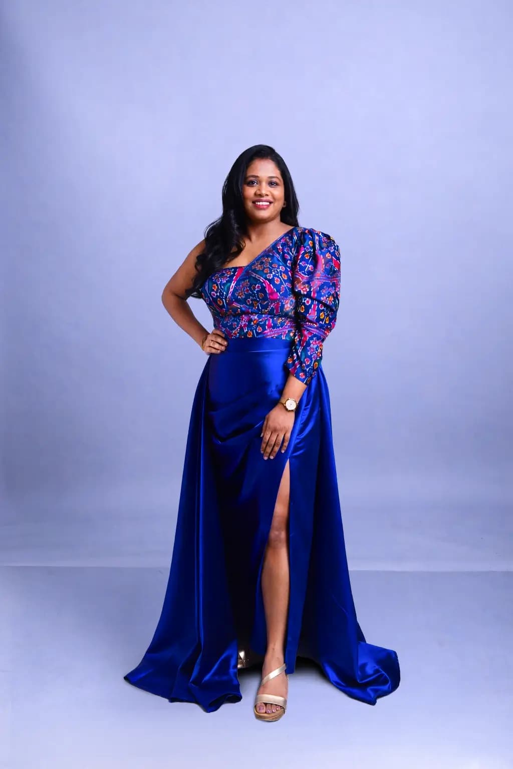 The Founder, Pujaa Shah, styled in a Patola Indo Western outfit, blending traditional Indian craftsmanship with contemporary designer wear.