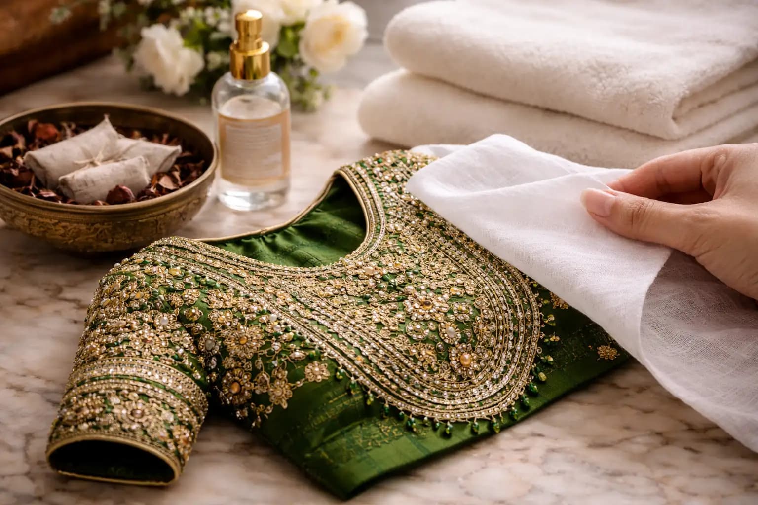 A handwoven Patola outfit elegantly folded in muslin cloth, showcasing vibrant double ikat patterns and fine silk craftsmanship.